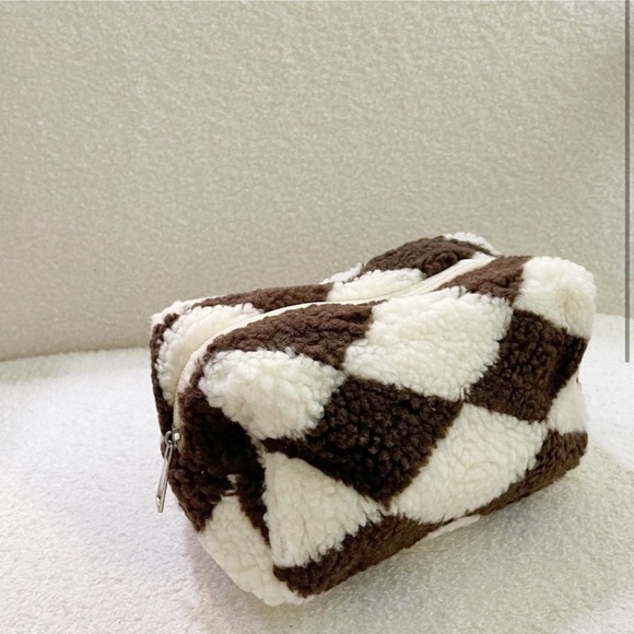 Brand new** Plush Brown Checkered Cosmetic Bag - Picture 2 of 2